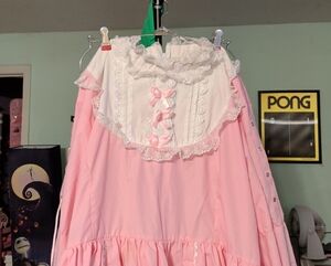 Women’s Pink Lace-Trim Midi Dress with Bib Detail